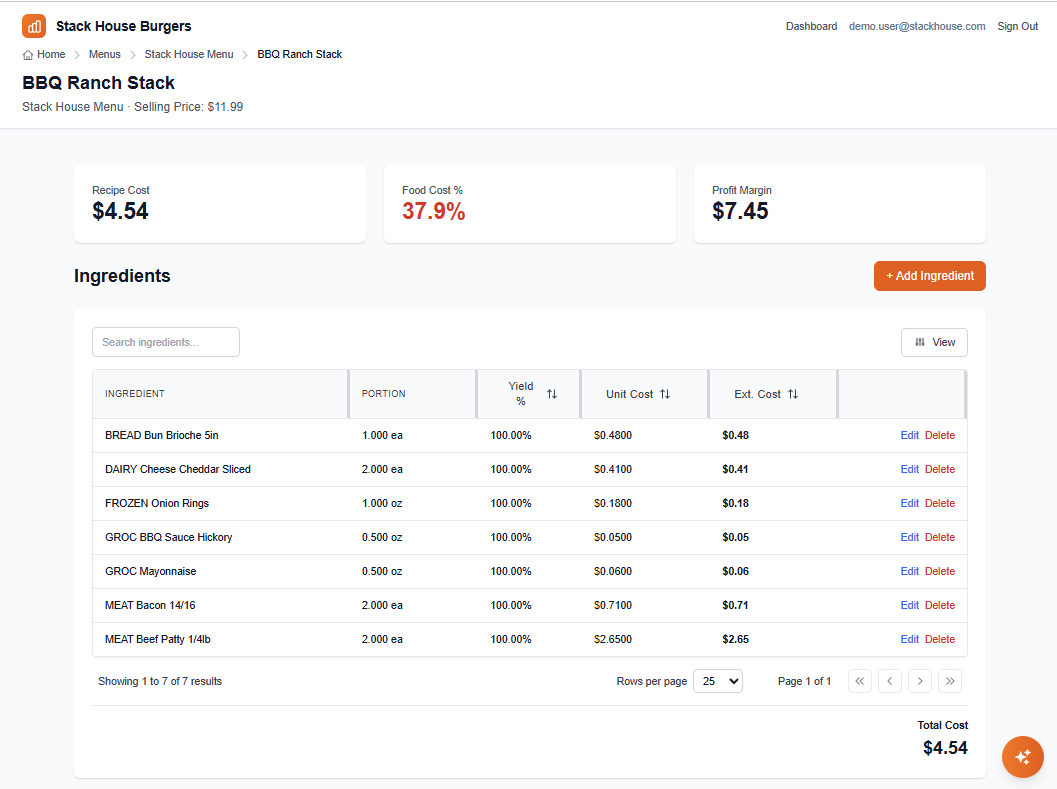 Recipe Costing Screenshot